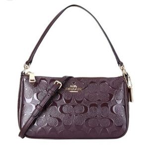 Coach Top Handle Pouch In Signature Debossed Patent Leather Dark Purple w/ss NWT